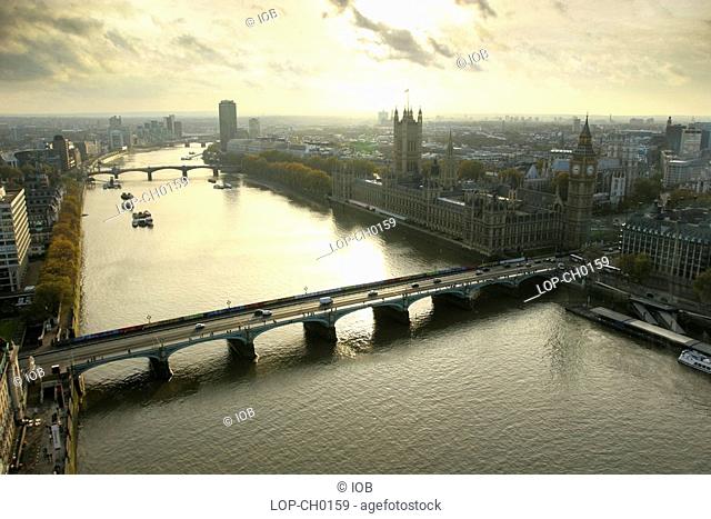 England, London, South Bank, Aerial view of the River Thames showing Lambeth Bridge, Vauxhall Bridge and the Houses of Parliament