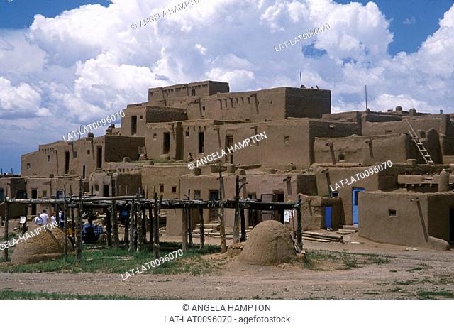 Near Santa Fe. Native American traditional houses in town. Pueblo, Adobe . Mud structures