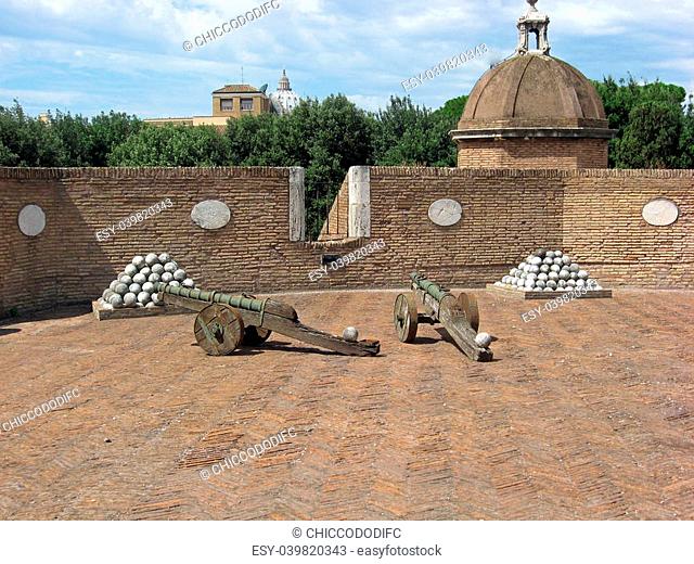 old bronze cannons and marble cannon balls to Castel Sant'Angelo in Rome, Italy