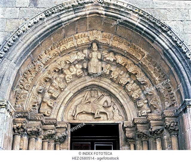 Church of Santiago, detail of the front door with sculpture of Santiago on horseback and Jesus Ch?