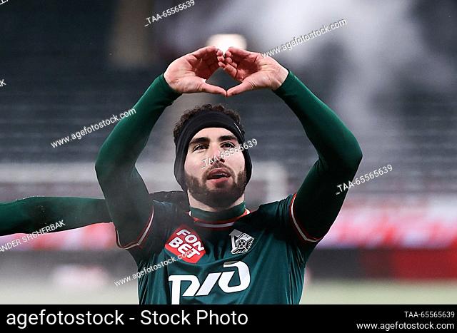 RUSSIA, MOSCOW - DECEMBER 8, 2023: Lokomotiv Moscow's Nair Tiknizyan makes a heart shape with his hands as he celebrates scoring in the 2023/24 Russian Premier...