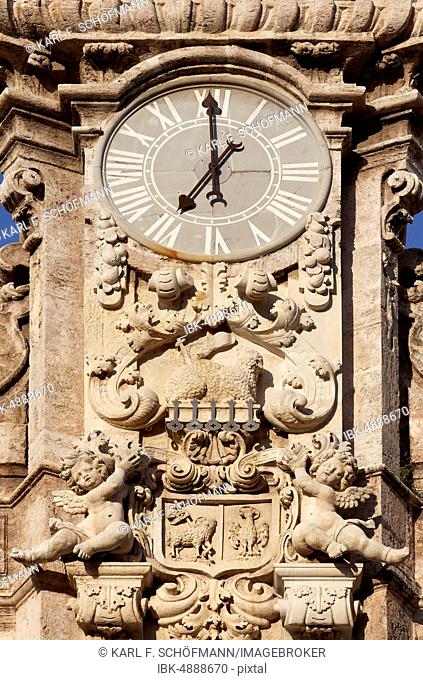 Baroque tower clock of the church Real Iglesia de los Santos Juanes, Ciutat Vella, old town, Valencia, Spain