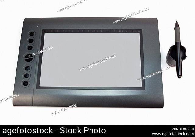 Graphic tablet with pen for illustrators and designers, isolated on white background - grey blank space