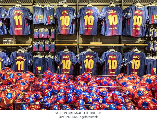 Popular Messi jerseys dominate the Camp Nou store, Barcelona, Spain