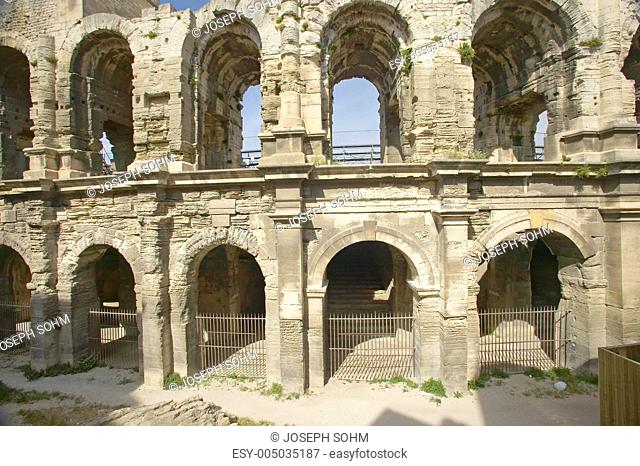 Exterior of the Arena of Arles, from ancient Roman times, can hold 24, 000 spectators, Arles, France
