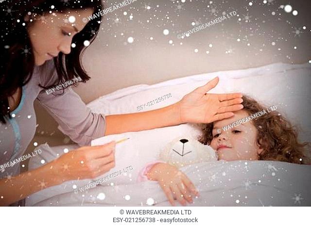 Composite image of mother measuring her daughters temperature