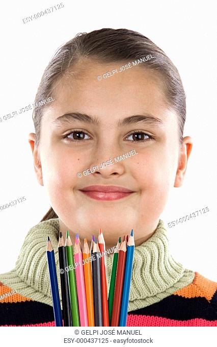 Adorable girl with many crayons of color