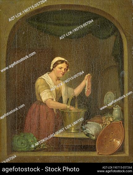 The Kitchen Maid, The kitchen maid. A kitchen maid holds up a piece of salmon in her left hand. On the table is a bucket of straw, a dead duck
