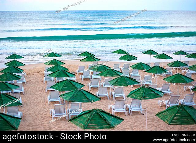 Beautiful chic sea - beach, umbrellas, summer Nessebar Bulgaria