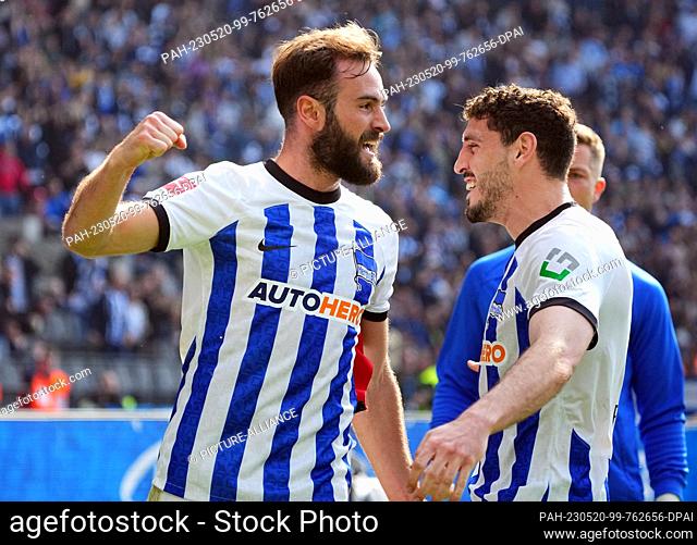 20 May 2023, Berlin: Soccer: Bundesliga, Hertha BSC - VfL Bochum, Matchday 33, Olympiastadion, Hertha's Lucas Tousart (l) celebrates his goal to make it 1-0...