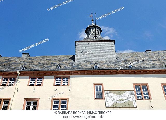 Sundial, tower, castle, museum, Bad Berleburg, Siegen Wittgenstein district, North Rhine-Westphalia, Germany, Europe