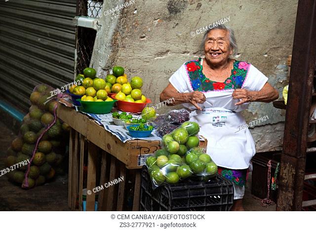 Elderly woman wearing traditional Yucatan dress selling fruits at the city market, Campeche, Campeche State, Yucatan Province , Mexico, Central America