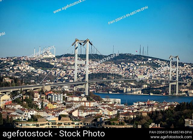 12 April 2020, Turkey, Istanbul: The Bosporus Bridge (Bridge of the Martyrs of July 15) is deserted during the two-day curfew imposed by the Turkish government...