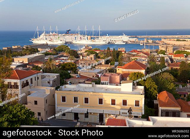 View over Rhodes Town & cruise ships, Rhodes, Dodecanese Islands, Greece