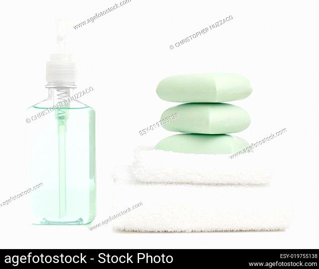 Soap Bottle, Soap Bars, and Towel