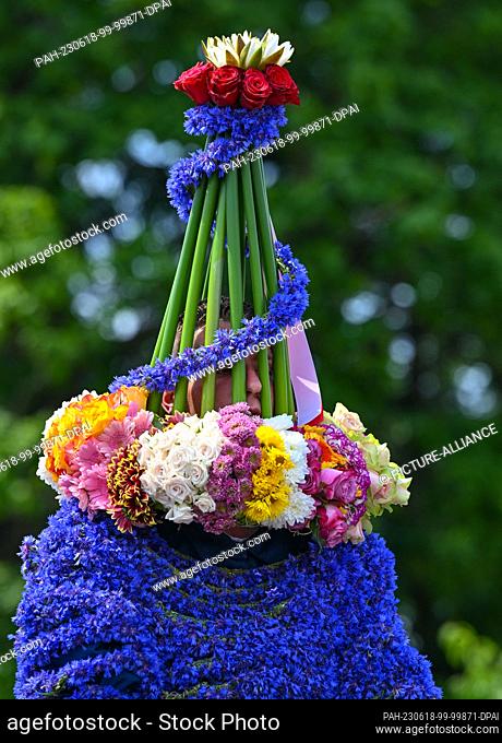 18 June 2023, Brandenburg, Casel: Tobias Richter, who is St. John this year, is decorated with cornflowers and a crown of flowers, rushes and water lilies