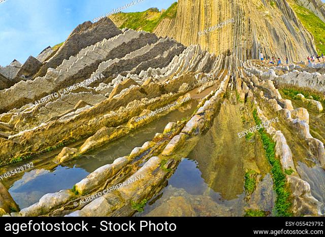 Steeply-tilted Layers of Flysch, Flysch Cliffs, Itzurun Beach, Flysch Coast, Basque Coast Geopark, Basque Coast UNESCO Global Geopark, European Geopark Network