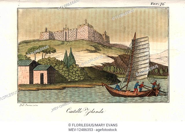 The castle of Zeelandia (Tainan) on Formosa (Taiwan) built by the Dutch East India Company. Handcoloured copperplate engraving by Andrea Bernieri from Giulio...