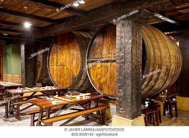Txotx. Cider barrels, Sidreria Petritegi, Astigarraga, Gipuzkoa, Basque Country, Spain, Europe