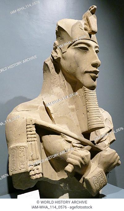 King Amenhotep IV with the Double Crown of Upper and Lower Egypt. Amarna style sculpture circa 1360 BC. Akhenaten ( known before the fifth year of his reign as...