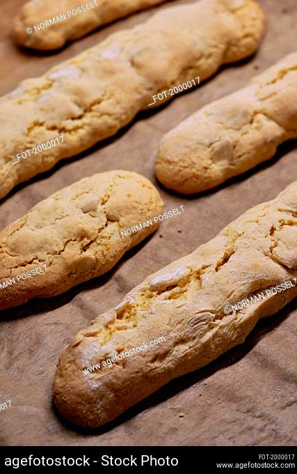 Close up fresh, baked Italian Cantuccini biscotti cookies