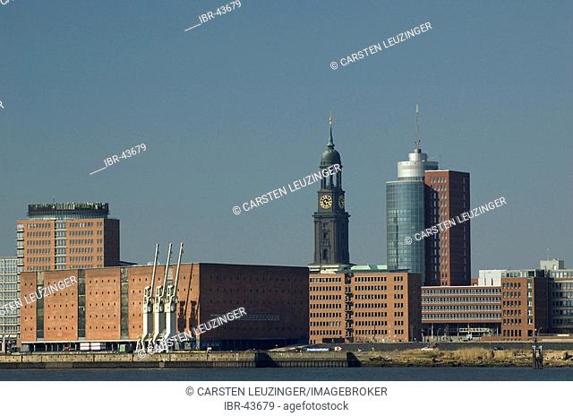 Towers of St Michaelis church and Hanseatic Trade Center HTC at Hamburg Hafencity Germany