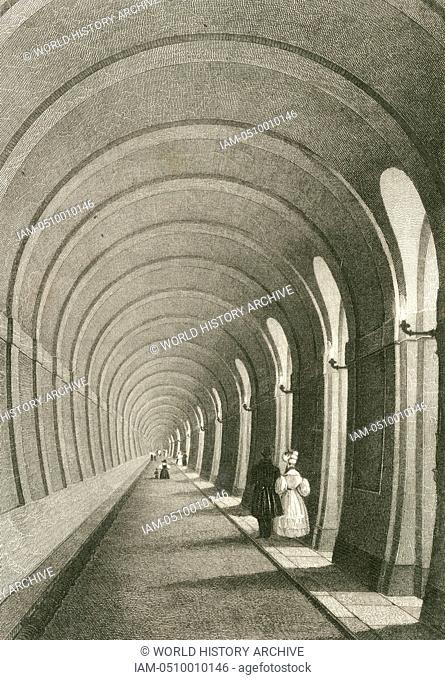 View of one arch of the Thames tunnel linking Rotherhithe and Wapping. Begun in 1825 by Marc Isambard Brunel, it is now part of the London Underground Railway...