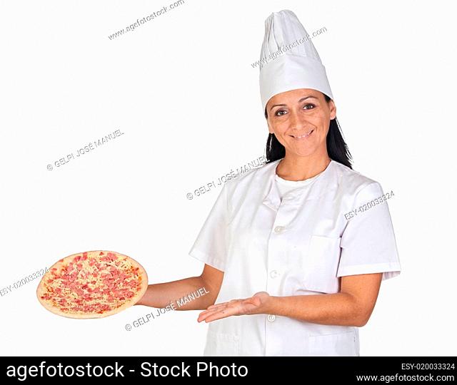 Pretty cook girl with a delicious pizza