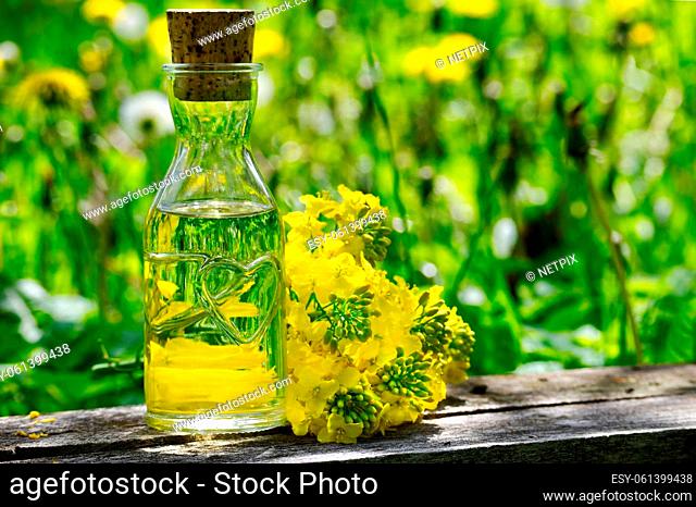 Small sprigs of vivid yellow rapeseed flowers with decanter of oil on a rustic table