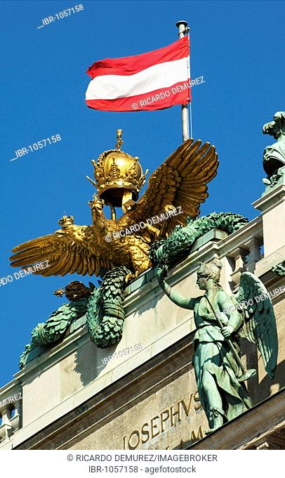 Imperial double-headed eagle and the Austrian flag on the roof of the national library, Hofburg Imperial Palace, Vienna, Austria, Europe