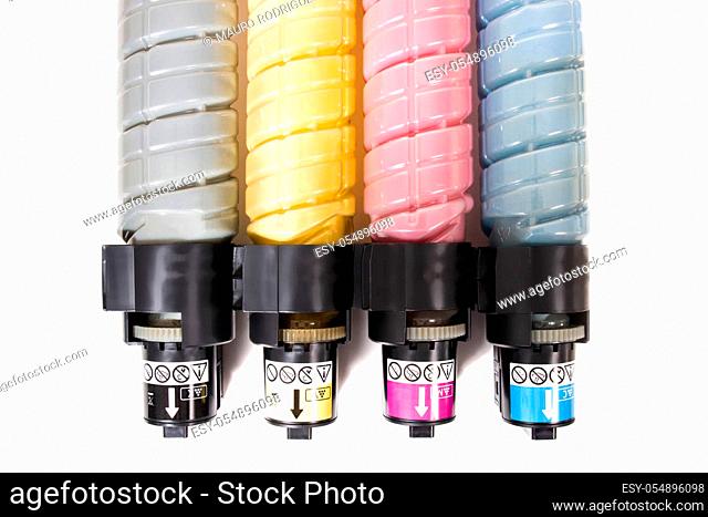 cartridges for laser printers aligned on a white background