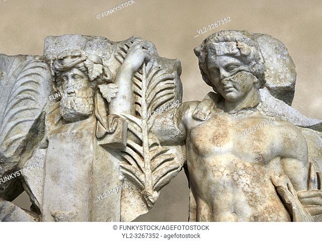 Detail of a Roman Sebasteion relief sculpture of Agon Aphrodisias Museum, Aphrodisias, Turkey. . . The scene is an allegory of the athletic contest (or agon)