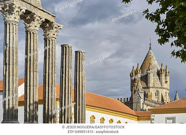 Roman temple of Diana and cathedral in Evora, Portugal