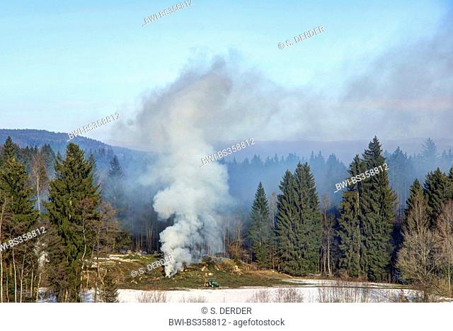 burning off brushwood creating heavy smoke, Germany, Bavaria, Oberbayern, Upper Bavaria, Ammergauer Alpen