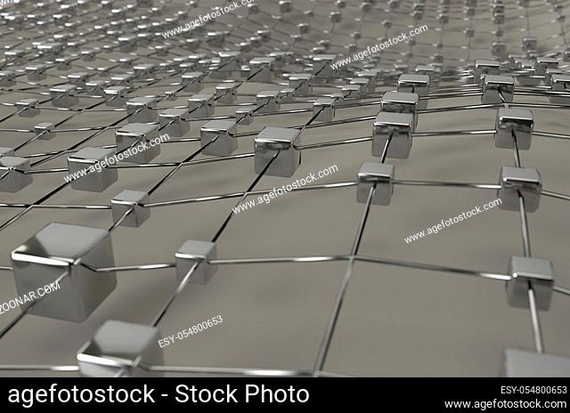 Gray wireframe metallic mesh with cubes wave landscape abstract background. Big data 3d render