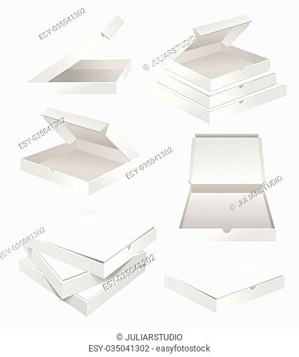 Realistic 3d pizza empty white cardboard box package set isolated on white background
