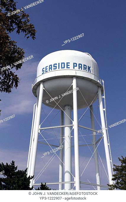 A Water Tower in the town of Seaside Park, a shore town in New Jersey, USA, North America  Water towers provide hydrostatic pressure to ensure the proper flow...