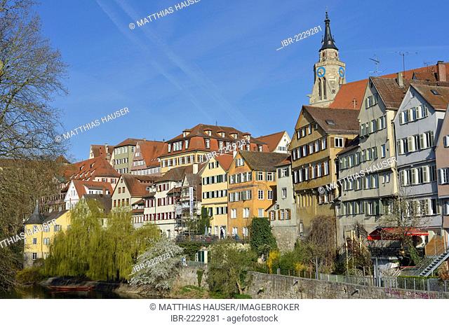 Row of houses on the Neckar river, Tuebingen, Baden-Wuerttemberg, Germany, Europe