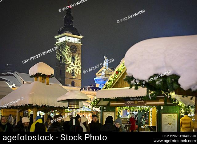 View of the Black Tower with Premysl Otakar II Square with Advent markets, Ceske Budejovice, December 4, 2023. It has been snowing heavily in southern Bohemia...