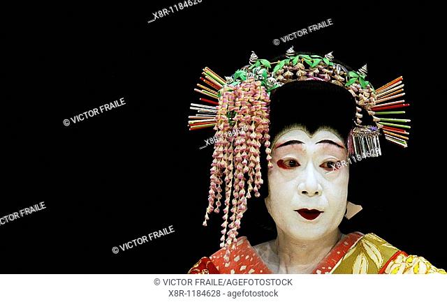 Japanese Kabuki actor Ichimura Manjiro performs a classical dance called 'Fuji-Musume', meaning 'Wisteria Maiden', in the northern Spanish town of Santander