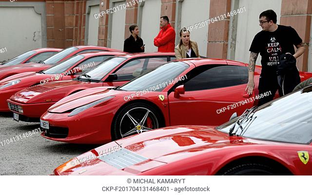 Meeting of Ferrari cars on the occasion of 70th anniversary of this Italian car maker, After their ride through streets of Prague in Troja chateau, Prague