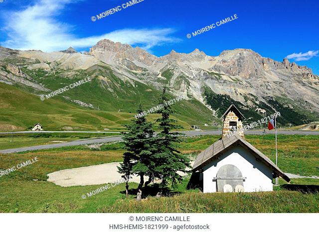 France, Hautes Alpes, Col du Lautaret (2058m), Serre Chevalier Valley, nature reserve Combeynot peaks in the background, Chapelle des Fusilles of the Col du...