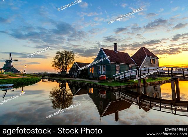 Amsterdam Netherlands, Sunrise at Zaanse Schans Village with Dutch Windmill and traditional house
