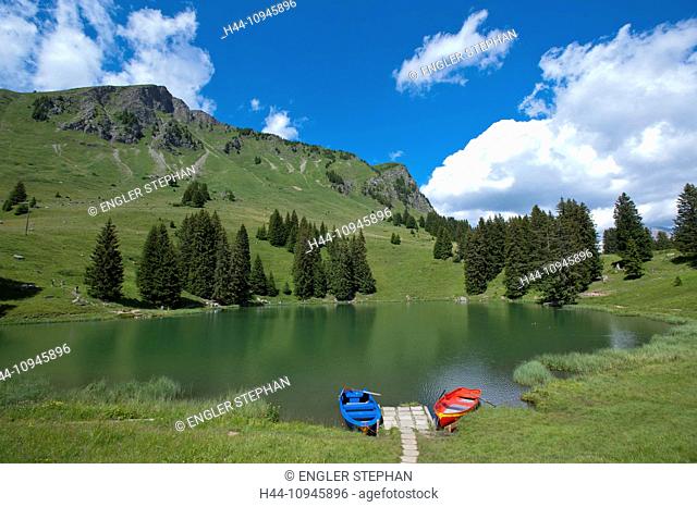 Switzerland, Europe, Lac Retaud, panorama, scenery, alpes vaudoises, Vaud alps, cloud, mountains, Les Diablerets, Isenau, Vaud, canton, Vaud, lake, boat
