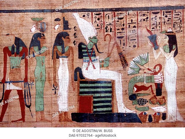 Osiris upon his throne and other deities, from the Book of the Dead, funerary papyrus. Egyptian civilisation.  Cairo, Egyptian Museum