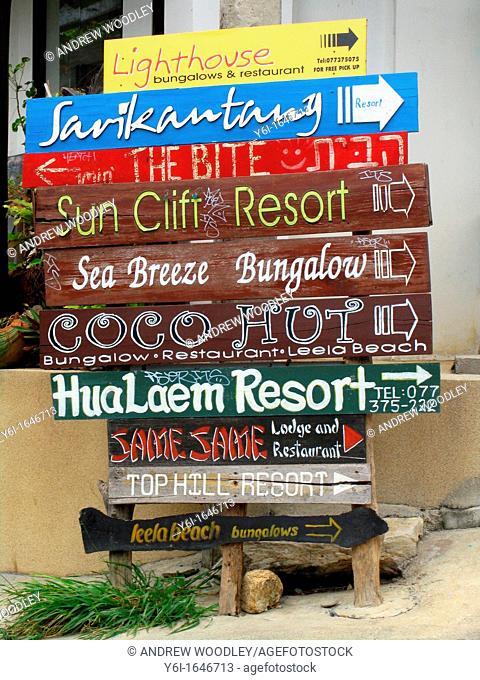 Resort bungalow and chalet signs in Hat Rin village Ko Pha Ngan island Thailand