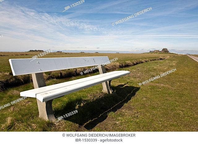 Bench, artificial dwelling mound Kirchwarft, hallig Hooge, North Sea, Wadden Sea National Park, UNESCO world natural heritage site, Schleswig-Holstein