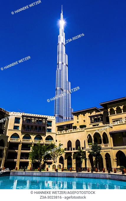 The Burj Khalifa seen from the Souk Al Bahar in Dubai