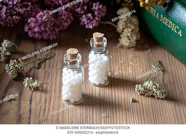 Bottles of homeopathic globules with dried herbs and a materia medica, i. e. a list of remedies and their therapeutic properties, in the background