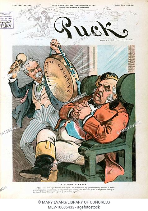 A sound sleeper. Illustration shows Sir Thomas Lipton beating a hand-drum labeled American Progress, trying to wake John Bull who is sound asleep in a chair